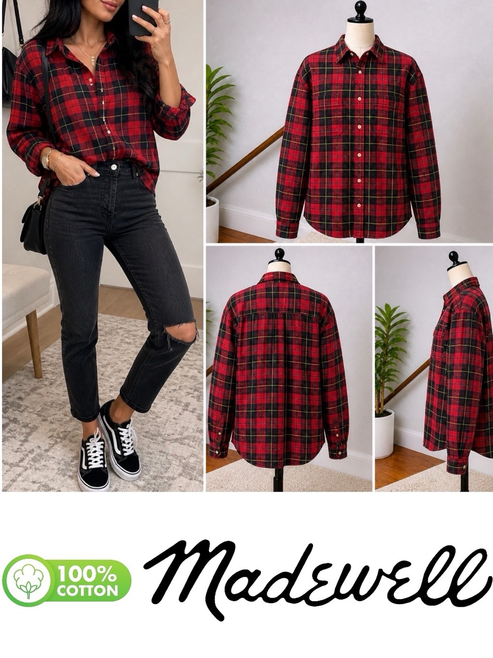 Madewell |EUC Cotton Red Black Plaid Flannel Buffalo Check Button Down Shirt (M)